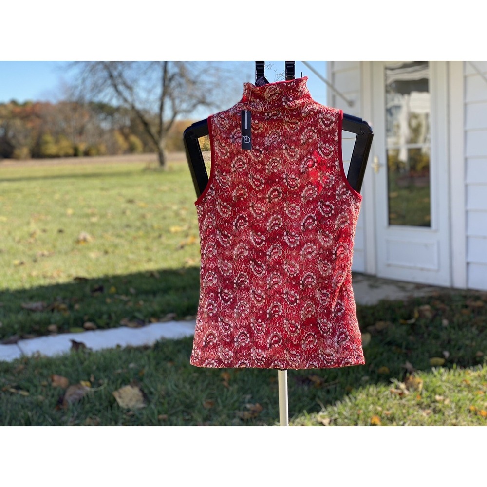 New Directions Womens Red Lace Mock Neck Sleeveless Top Metallic Gold Shimmer M